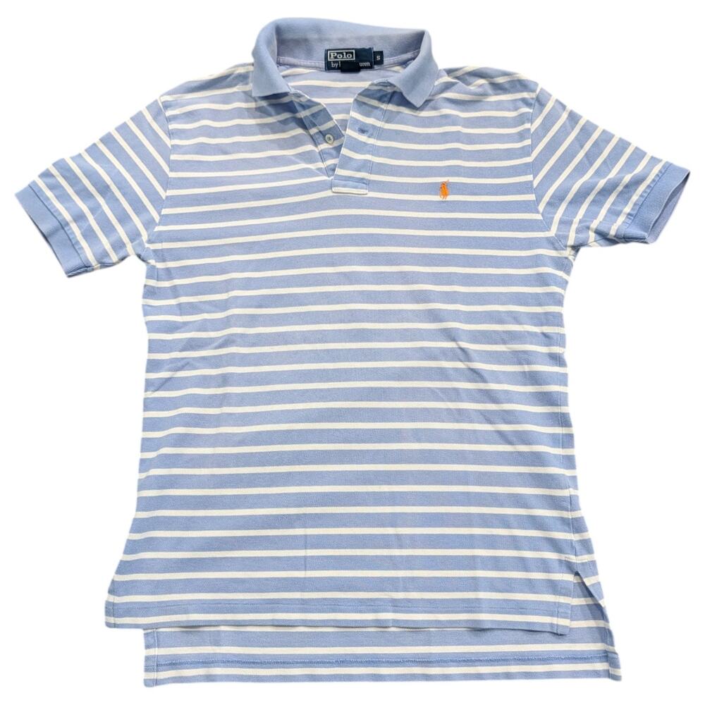 90s/Y2K Polo Ralph Lauren Striped Light Blue and White Short Sleeve Shirt